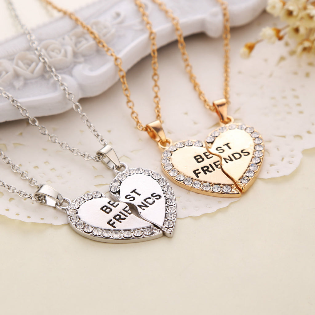SHUANGR 2pcs Charming Splice Heart Pendant Best Friend Letter Necklace Women Gifts 2 Color Choose Jewelry
