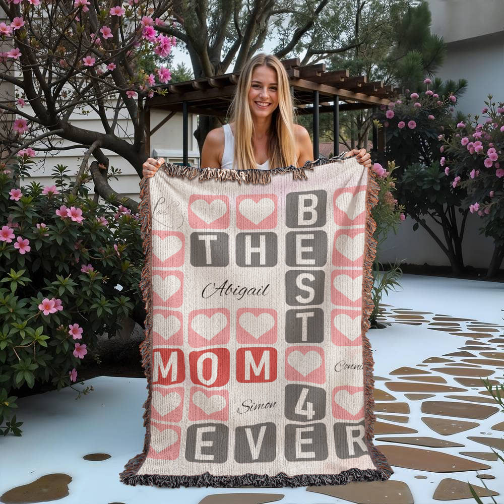 Best Mom 4‑Ever Heart Blanket-Artwork Heirloom Woven Blanket (personalize with up to 3 names)