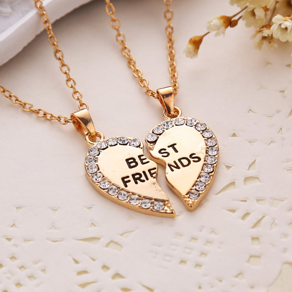 SHUANGR 2pcs Charming Splice Heart Pendant Best Friend Letter Necklace Women Gifts 2 Color Choose Jewelry