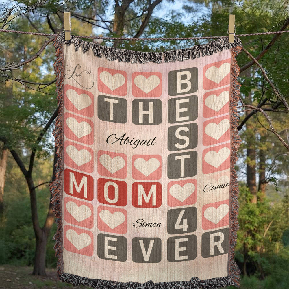 Best Mom 4‑Ever Heart Blanket-Artwork Heirloom Woven Blanket (personalize with up to 3 names)