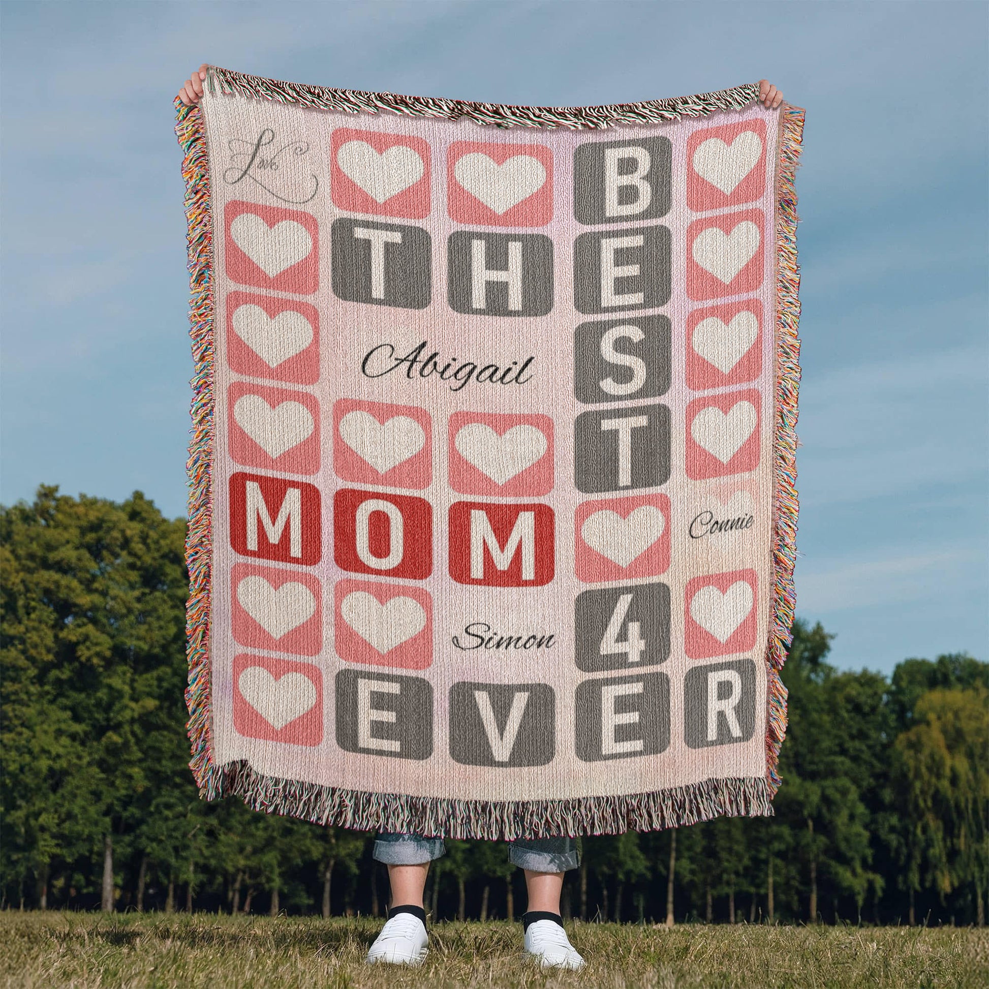 Best Mom 4‑Ever Heart Blanket-Artwork Heirloom Woven Blanket (personalize with up to 3 names)