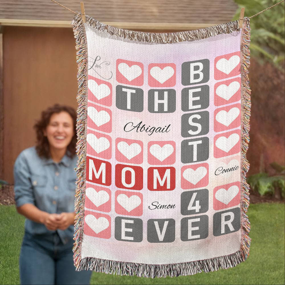 Best Mom 4‑Ever Heart Blanket-Artwork Heirloom Woven Blanket (personalize with up to 3 names)