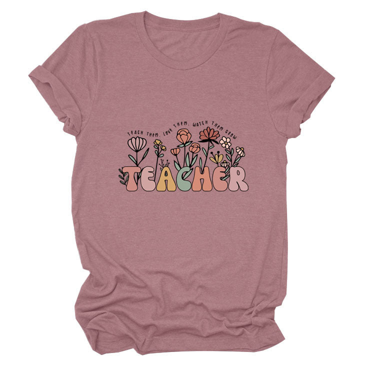 Casual TEACHER Floral Women's Loose Round Neck Short Sleeve