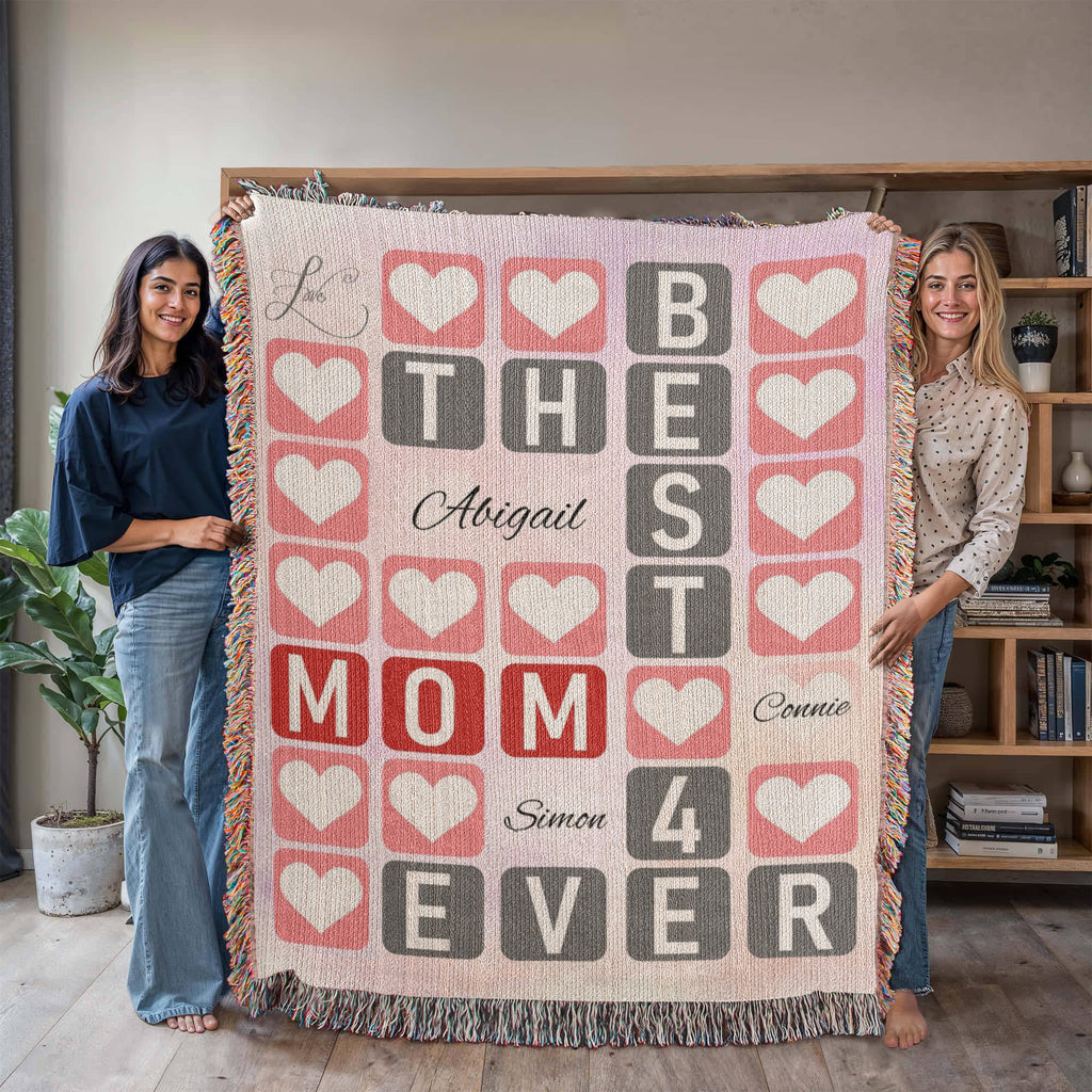 Best Mom 4‑Ever Heart Blanket-Artwork Heirloom Woven Blanket (personalize with up to 3 names)