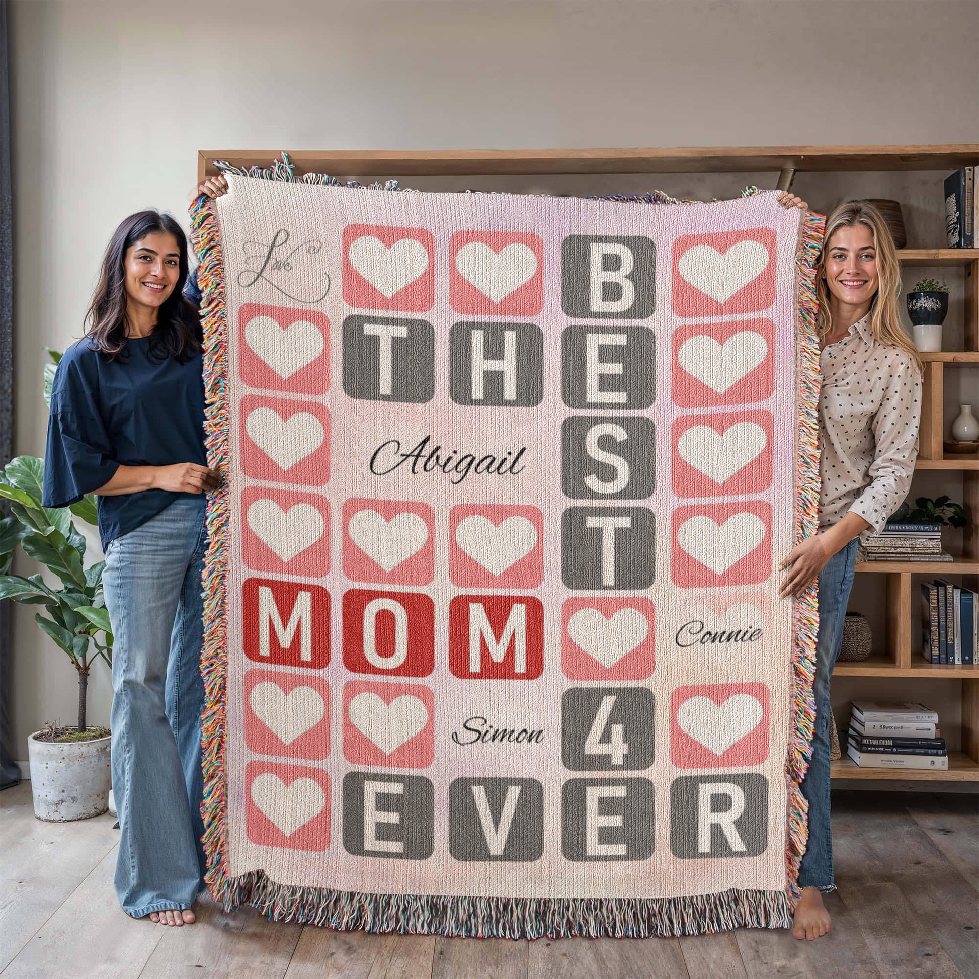 Best Mom 4‑Ever Heart Blanket-Artwork Heirloom Woven Blanket (personalize with up to 3 names)