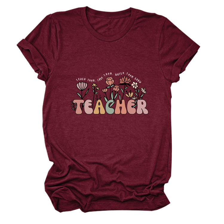 Casual TEACHER Floral Women's Loose Round Neck Short Sleeve