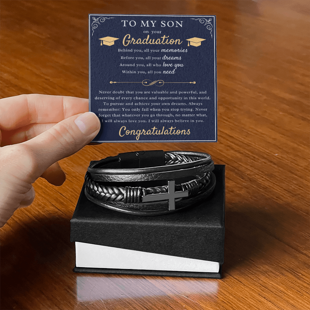 A Parent's Pride: Graduation Blessing for My Son-Men's Cross Leather Bracelet