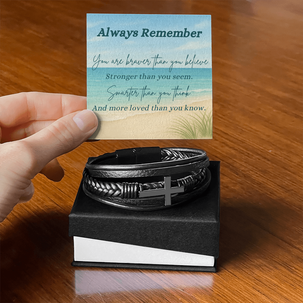 A Shoreline of Strength: Words to Carry with You-Men's Cross Leather Bracelet