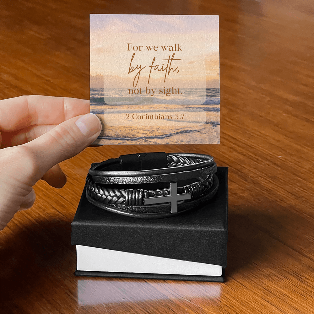 Anchored in Faith, Guided by Grace-Men's Cross Leather Bracelet
