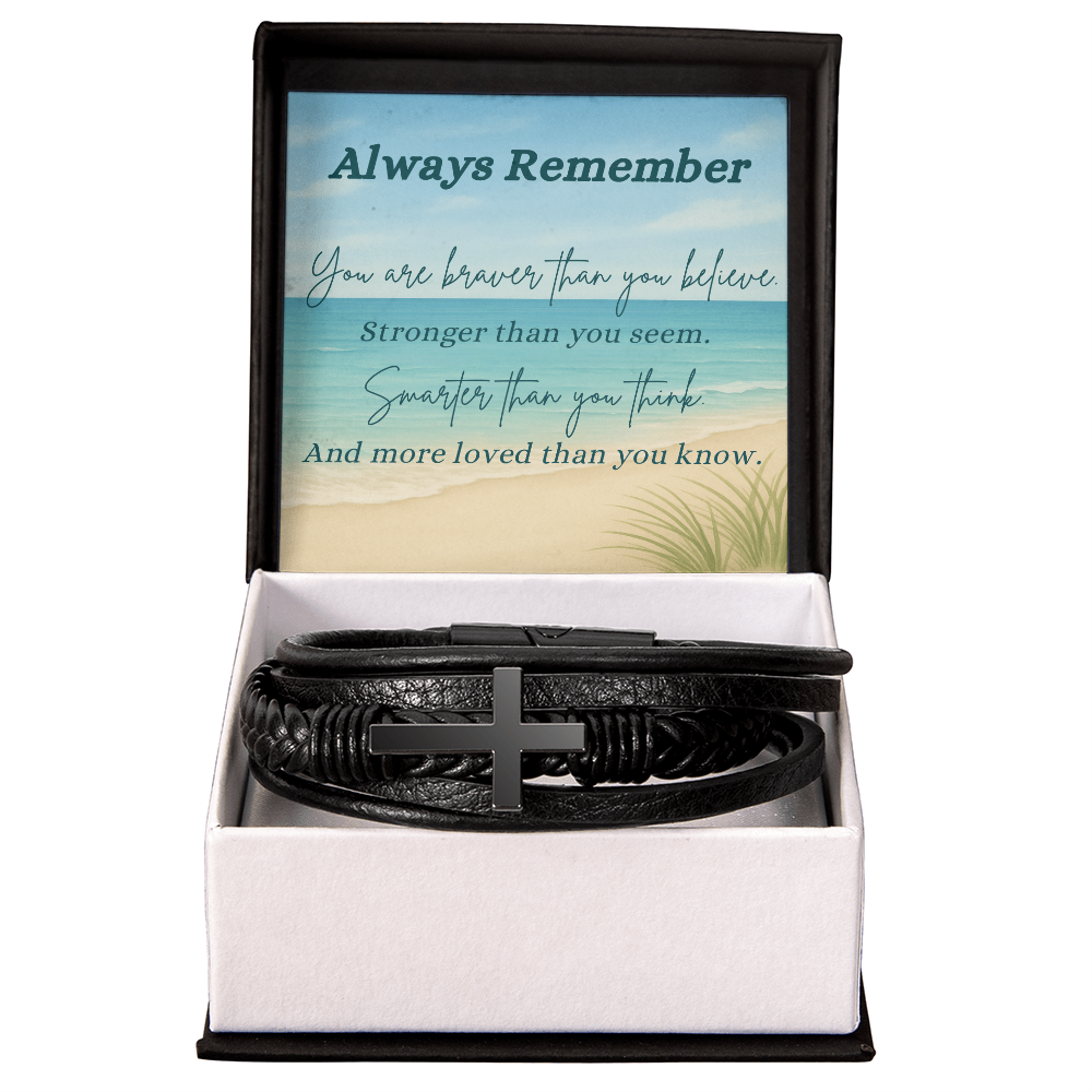 A Shoreline of Strength: Words to Carry with You-Men's Cross Leather Bracelet