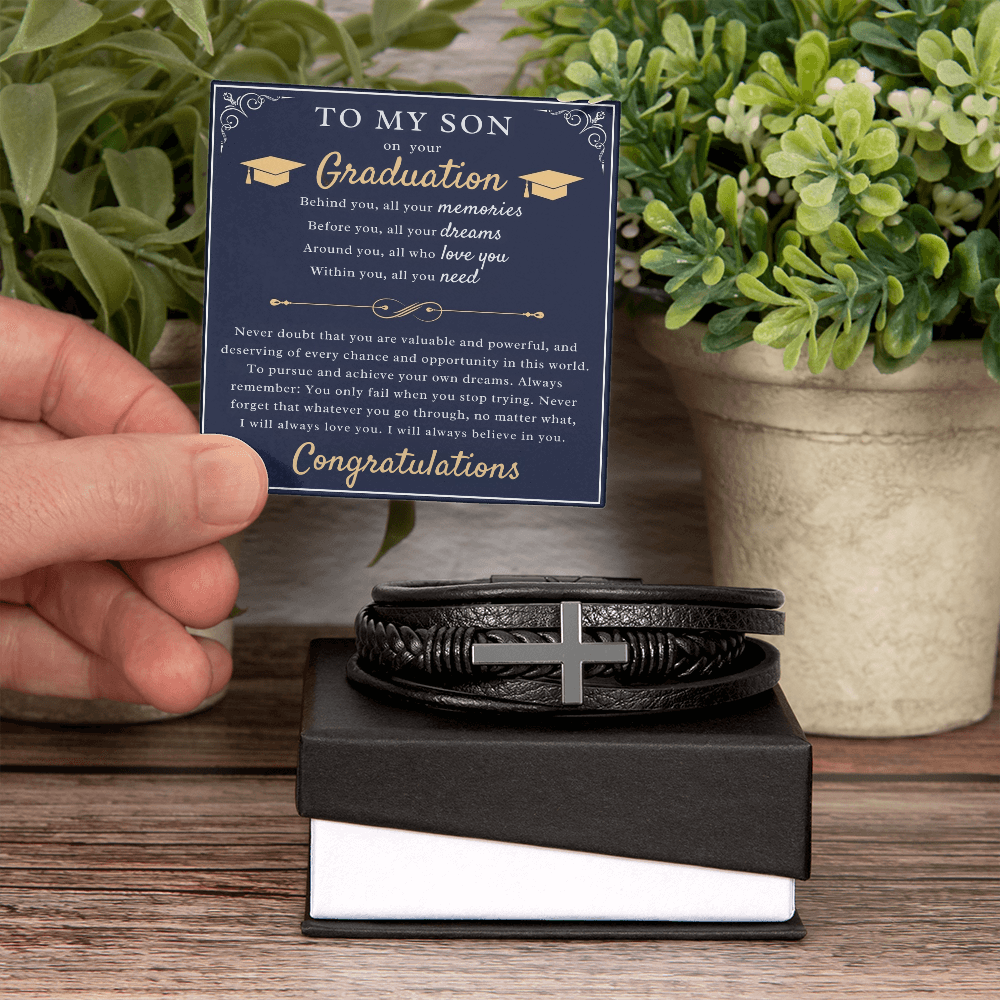 A Parent's Pride: Graduation Blessing for My Son-Men's Cross Leather Bracelet