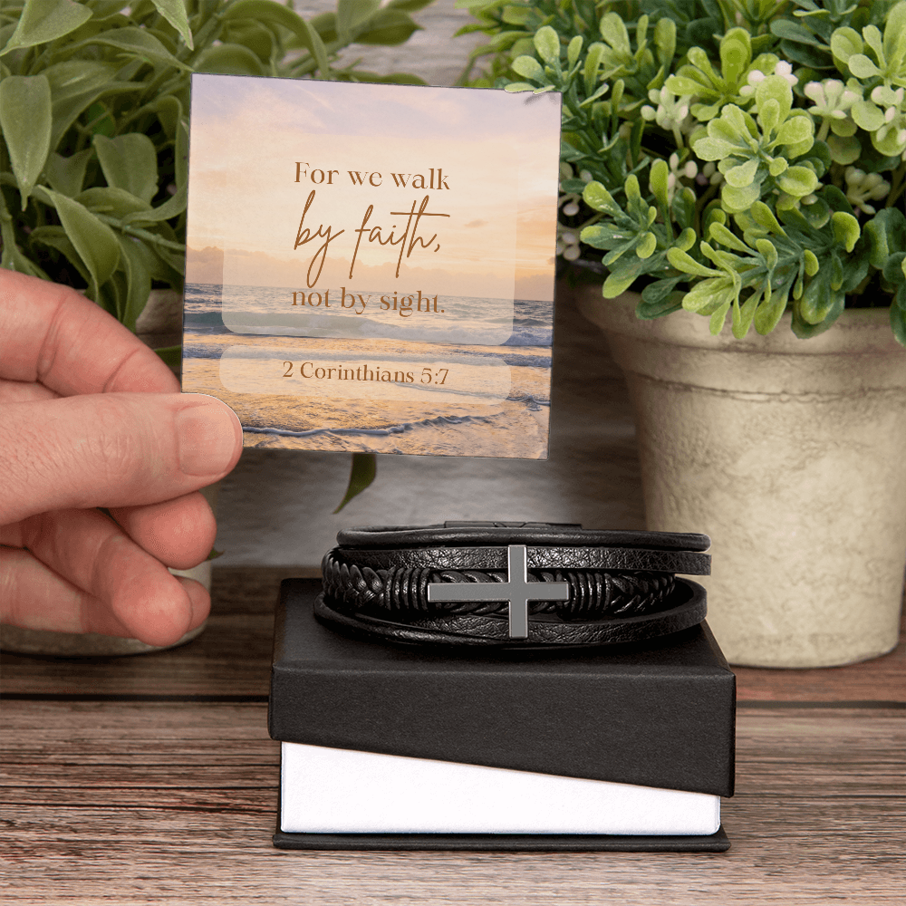 Anchored in Faith, Guided by Grace-Men's Cross Leather Bracelet