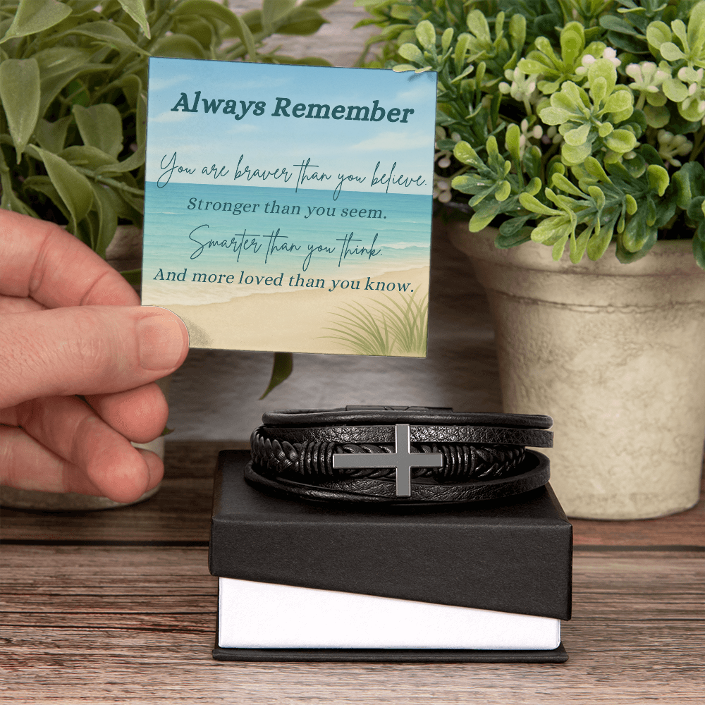 A Shoreline of Strength: Words to Carry with You-Men's Cross Leather Bracelet