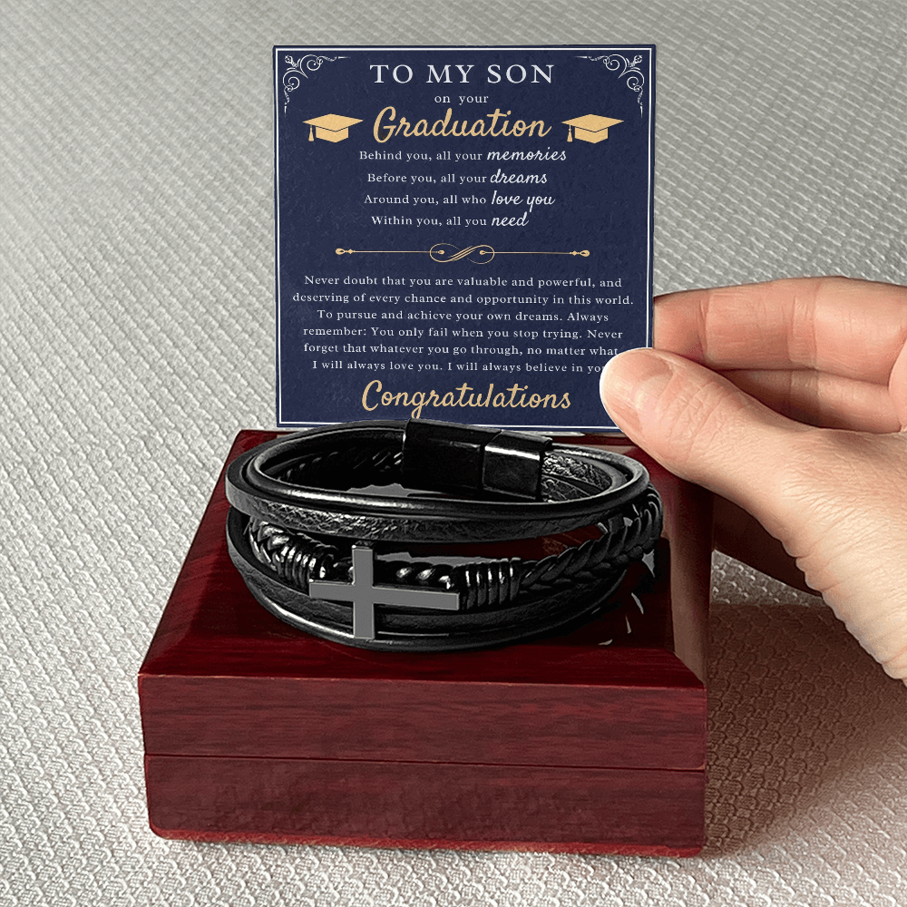 A Parent's Pride: Graduation Blessing for My Son-Men's Cross Leather Bracelet