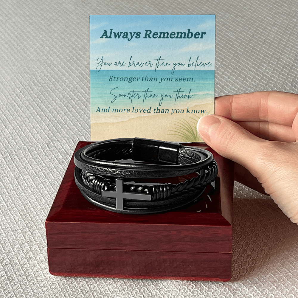 A Shoreline of Strength: Words to Carry with You-Men's Cross Leather Bracelet