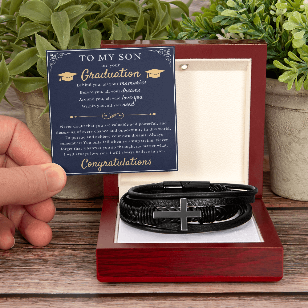 A Parent's Pride: Graduation Blessing for My Son-Men's Cross Leather Bracelet
