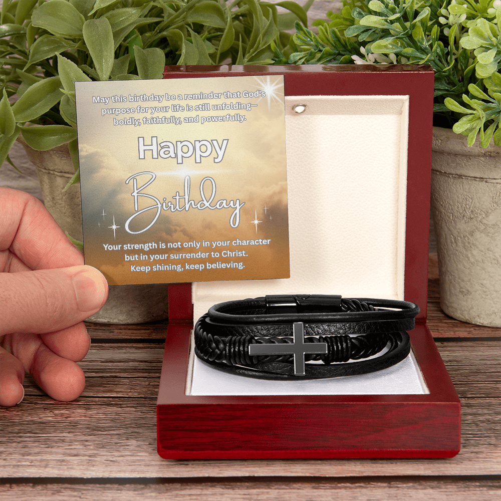 Rooted in Faith, Radiant in Purpose-Men's Cross Leather Bracelet