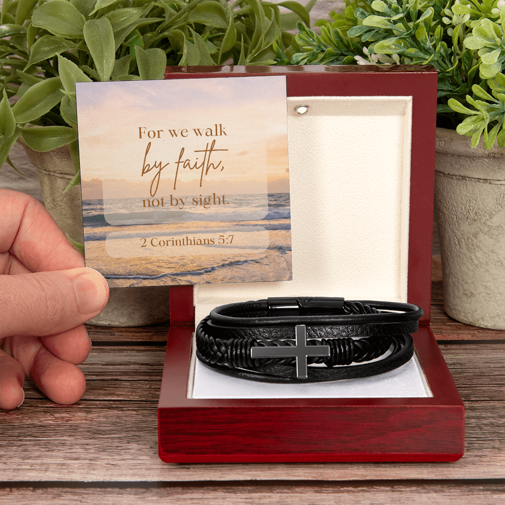Anchored in Faith, Guided by Grace-Men's Cross Leather Bracelet