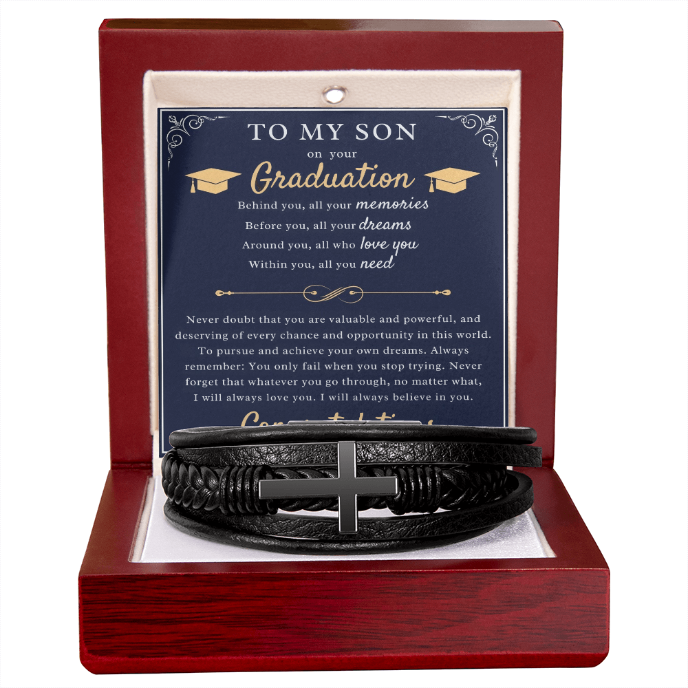 A Parent's Pride: Graduation Blessing for My Son-Men's Cross Leather Bracelet