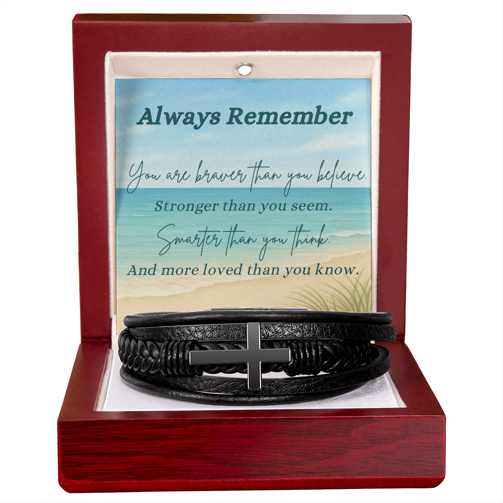 A Shoreline of Strength: Words to Carry with You-Men's Cross Leather Bracelet