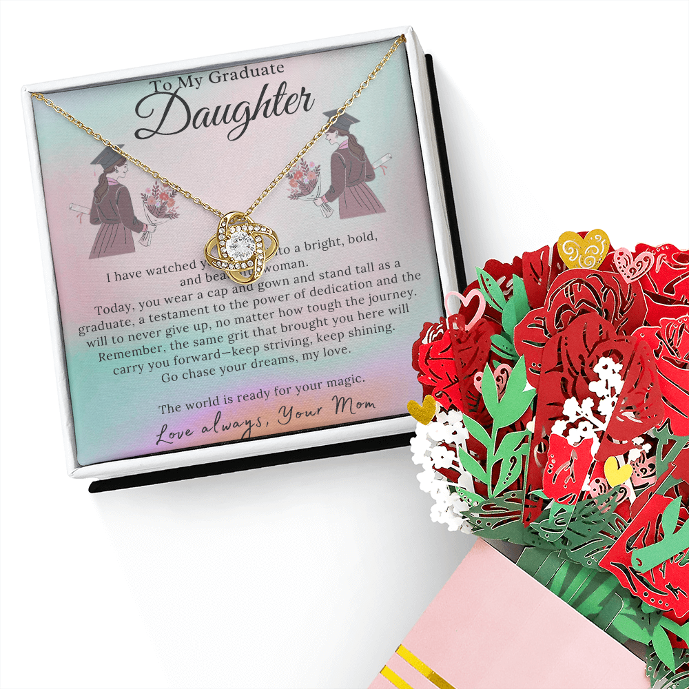 To My Shining Star: A Mother's Graduation Message-Love Knot Necklace and Sweetest Devotion Bouquet