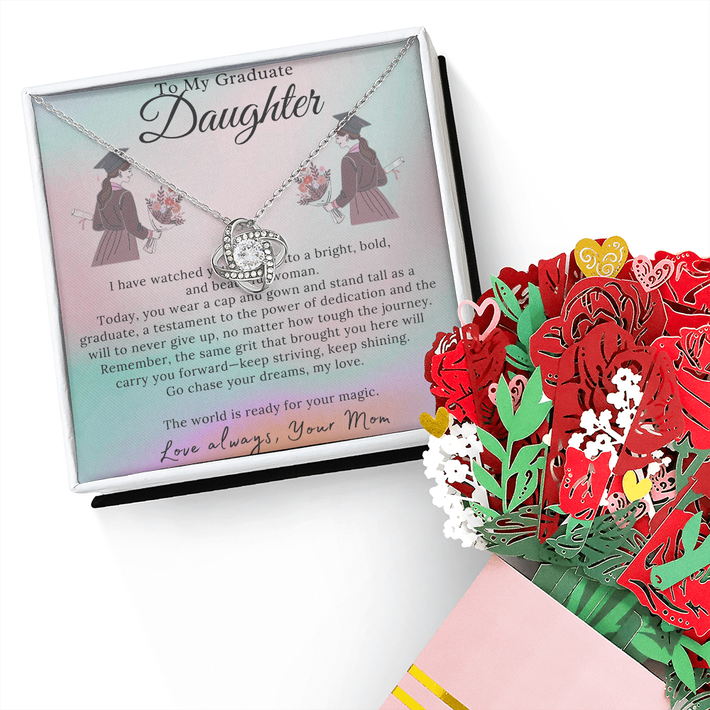 To My Shining Star: A Mother's Graduation Message-Love Knot Necklace and Sweetest Devotion Bouquet