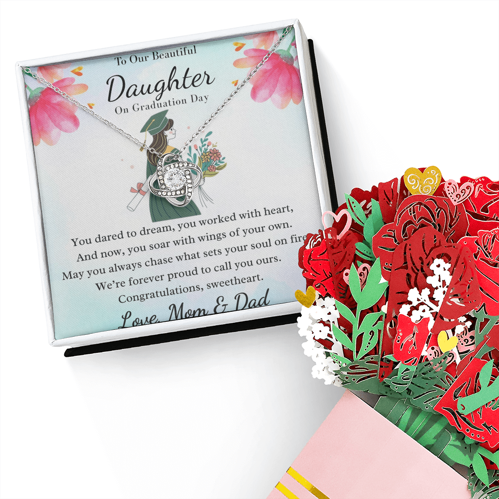 A Dream Fulfilled: To Our Beautiful Graduate Daughter-Love Knot Necklace and Sweetest Devotion Bouquet