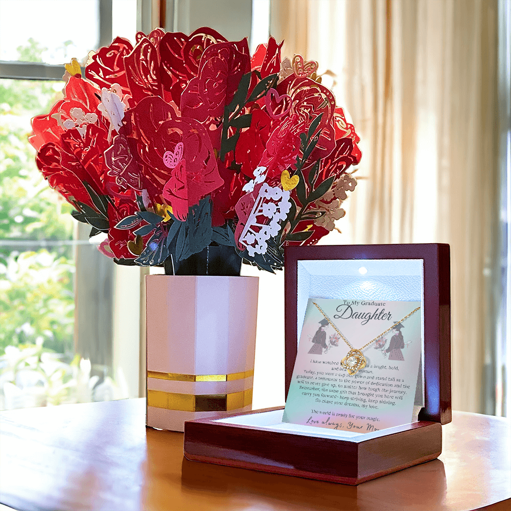 To My Shining Star: A Mother's Graduation Message-Love Knot Necklace and Sweetest Devotion Bouquet