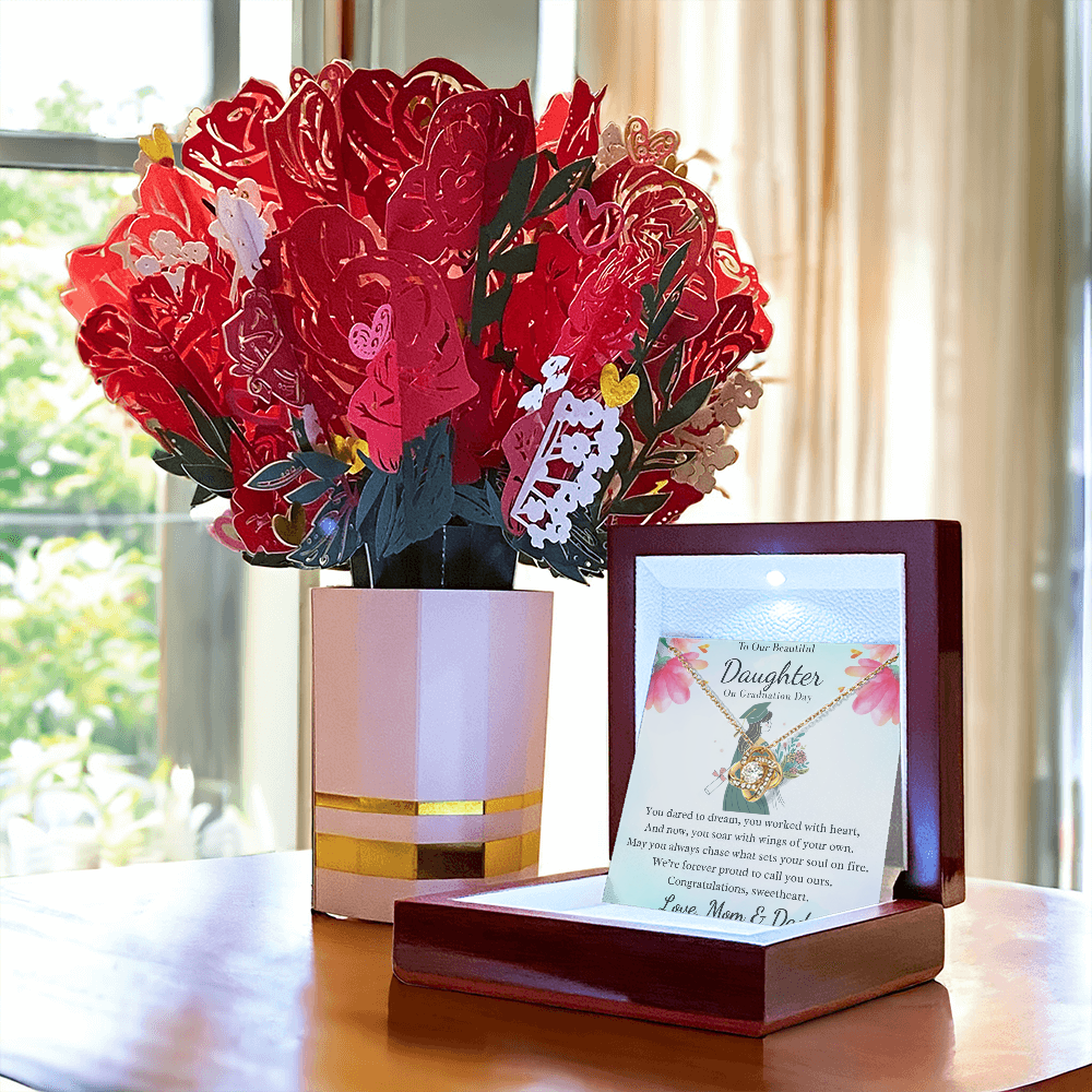 A Dream Fulfilled: To Our Beautiful Graduate Daughter-Love Knot Necklace and Sweetest Devotion Bouquet