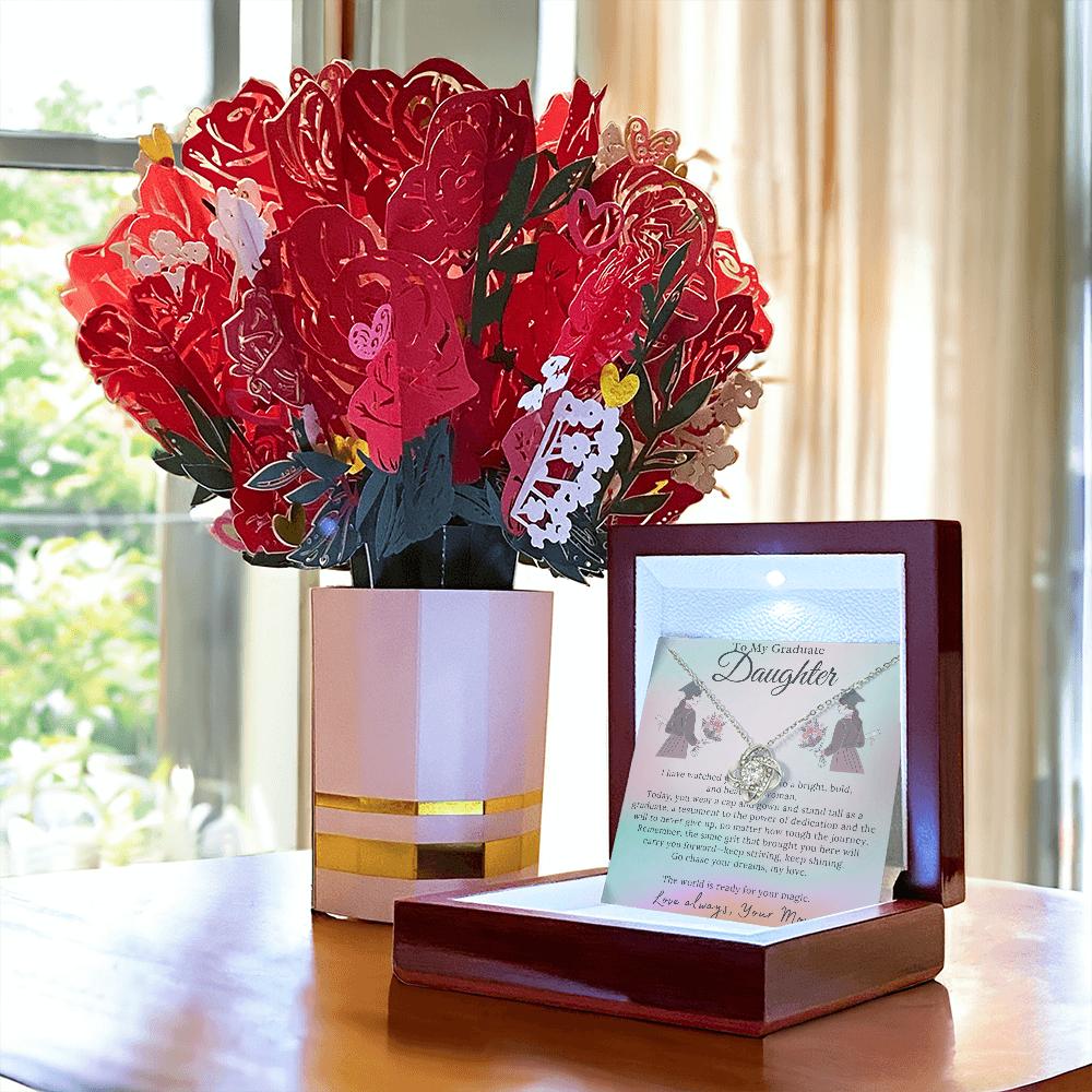To My Shining Star: A Mother's Graduation Message-Love Knot Necklace and Sweetest Devotion Bouquet