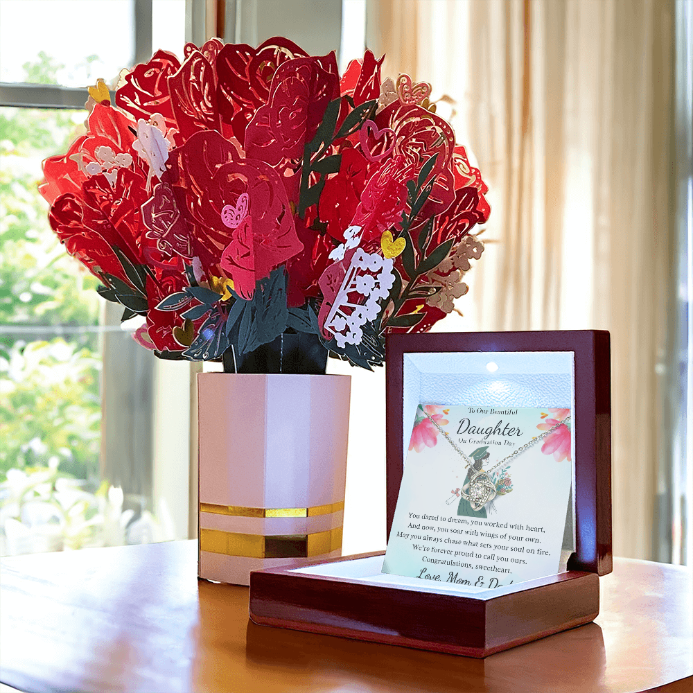 A Dream Fulfilled: To Our Beautiful Graduate Daughter-Love Knot Necklace and Sweetest Devotion Bouquet
