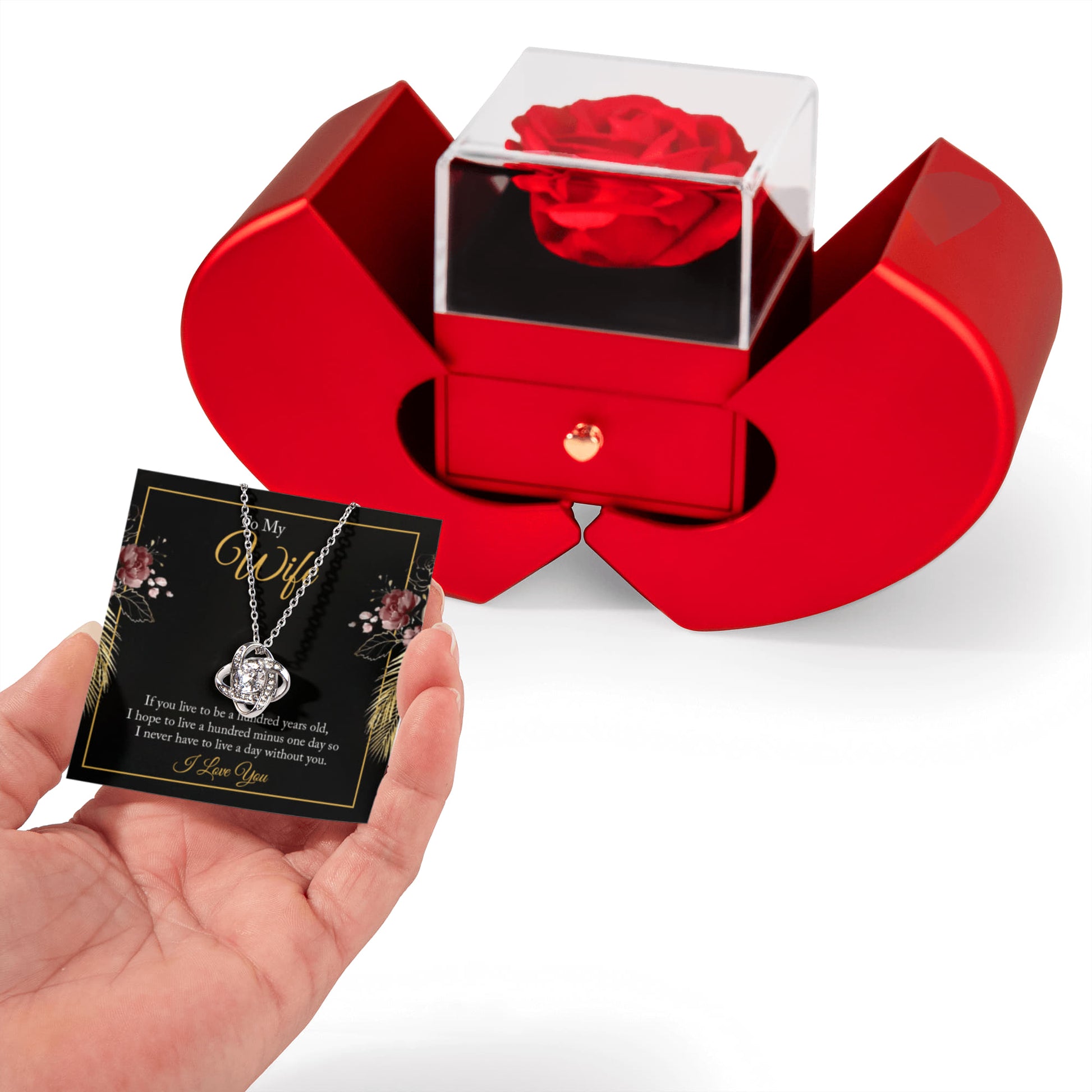 To My Wife — A Hundred Years of Us - Love Knot Necklace w/Red Heart Rose Box
