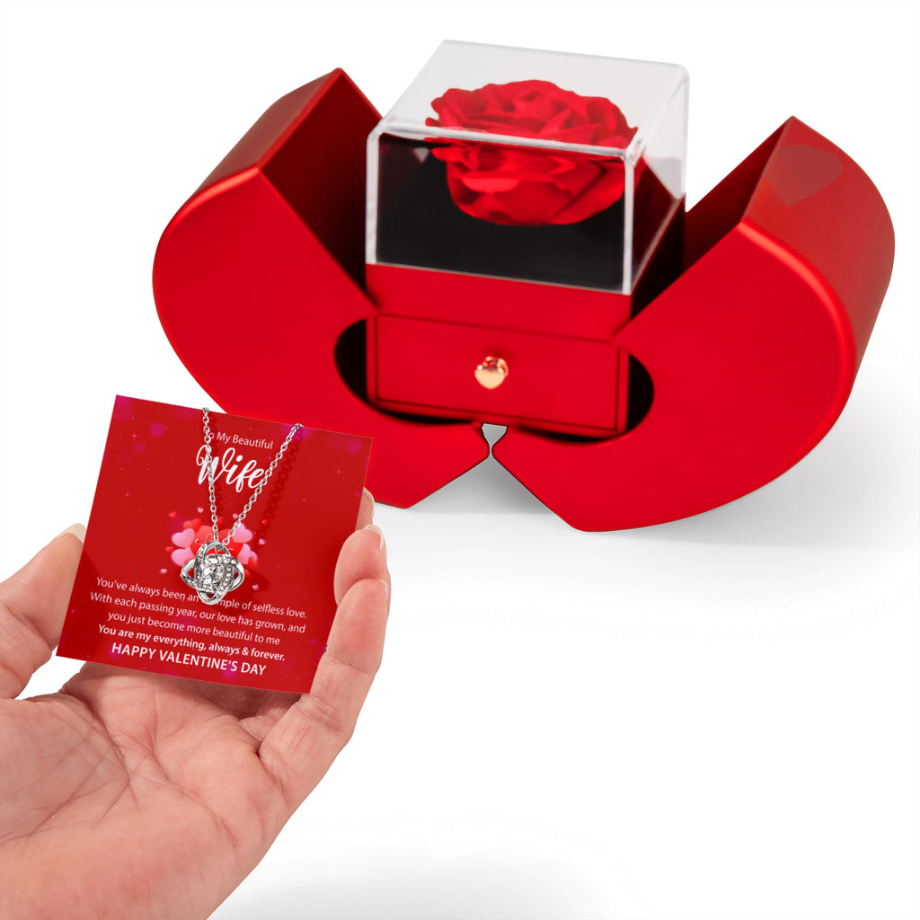 To My Wife: You Are My Everything Love Knot Necklace Happy Valentine's Day w/ Red Heart Rose Box