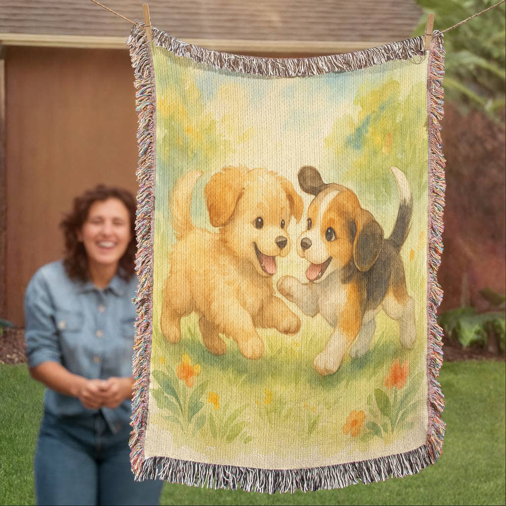 Blossom Meadow Romp: Puppy Pals at Play - Heirloom Artwork Woven Blanket