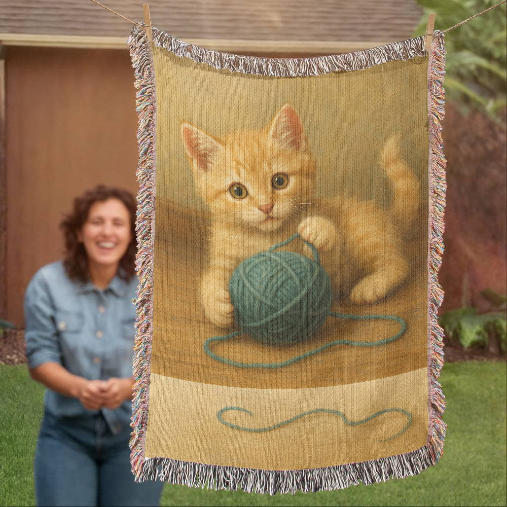 Whiskers & Twists: A Purrfect Playtime Moment-Heirloom Artwork Woven Blanket
