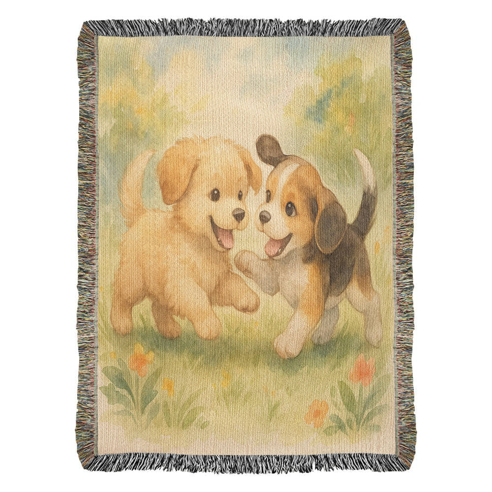 Blossom Meadow Romp: Puppy Pals at Play - Heirloom Artwork Woven Blanket