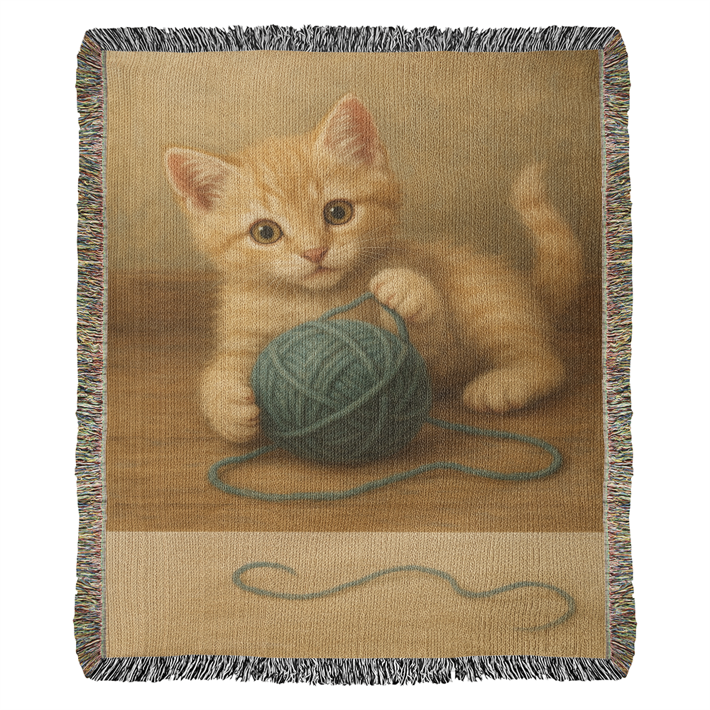 Whiskers & Twists: A Purrfect Playtime Moment-Heirloom Artwork Woven Blanket