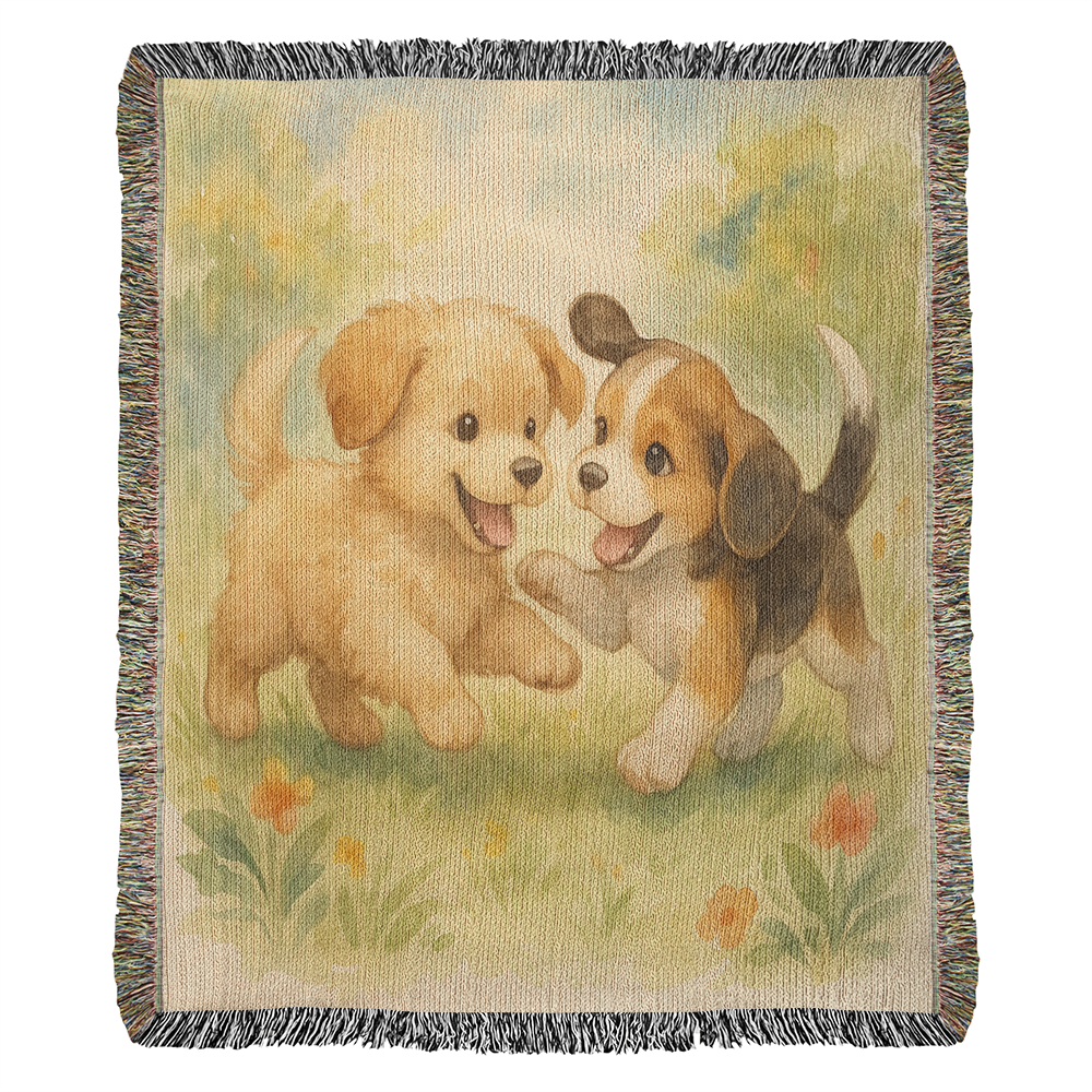 Blossom Meadow Romp: Puppy Pals at Play - Heirloom Artwork Woven Blanket