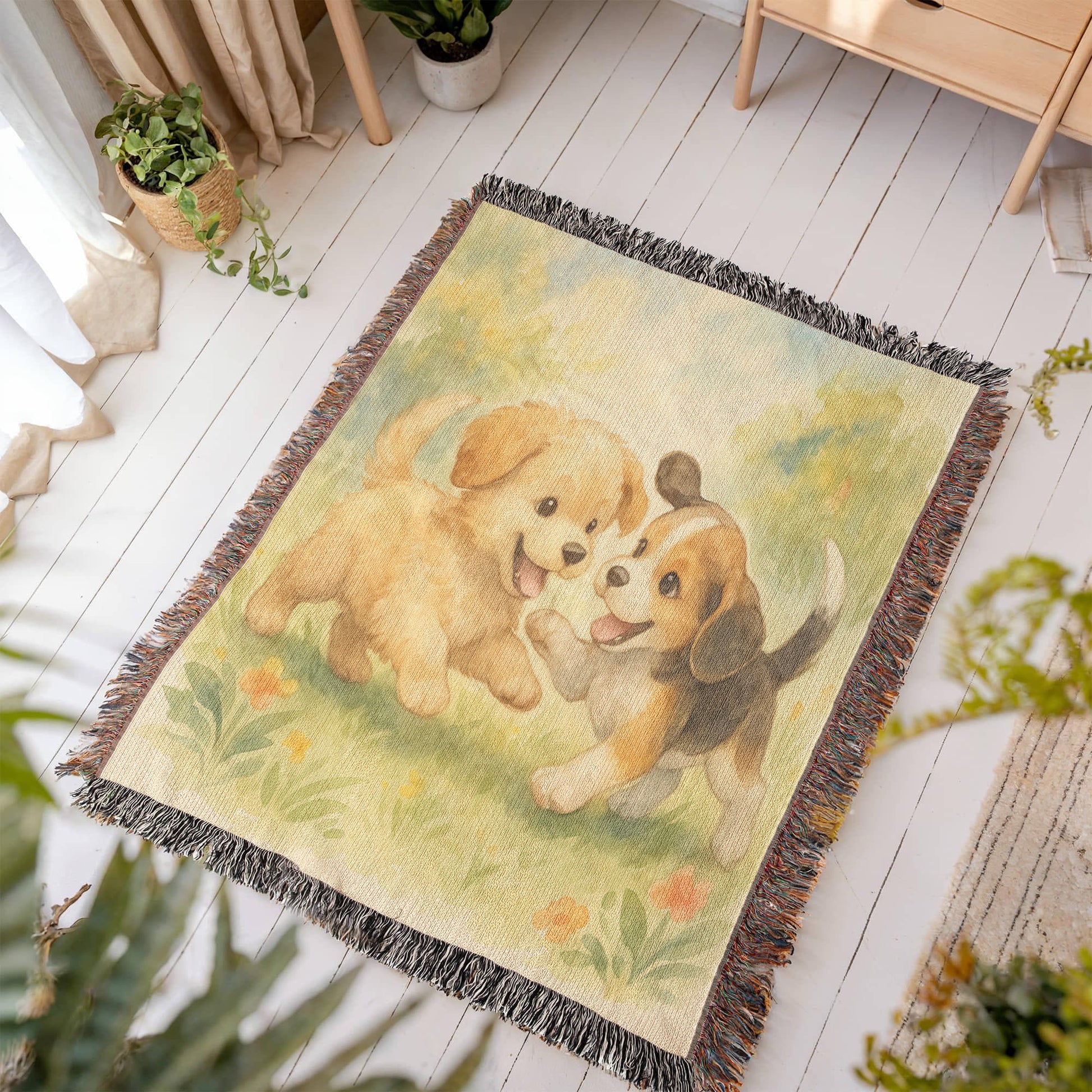 Blossom Meadow Romp: Puppy Pals at Play - Heirloom Artwork Woven Blanket