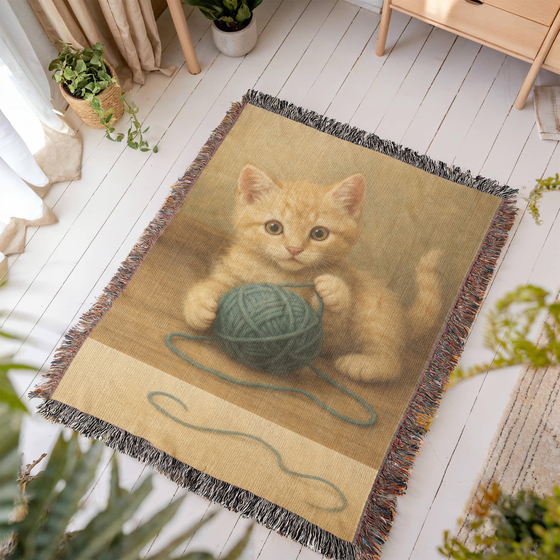 Whiskers & Twists: A Purrfect Playtime Moment-Heirloom Artwork Woven Blanket