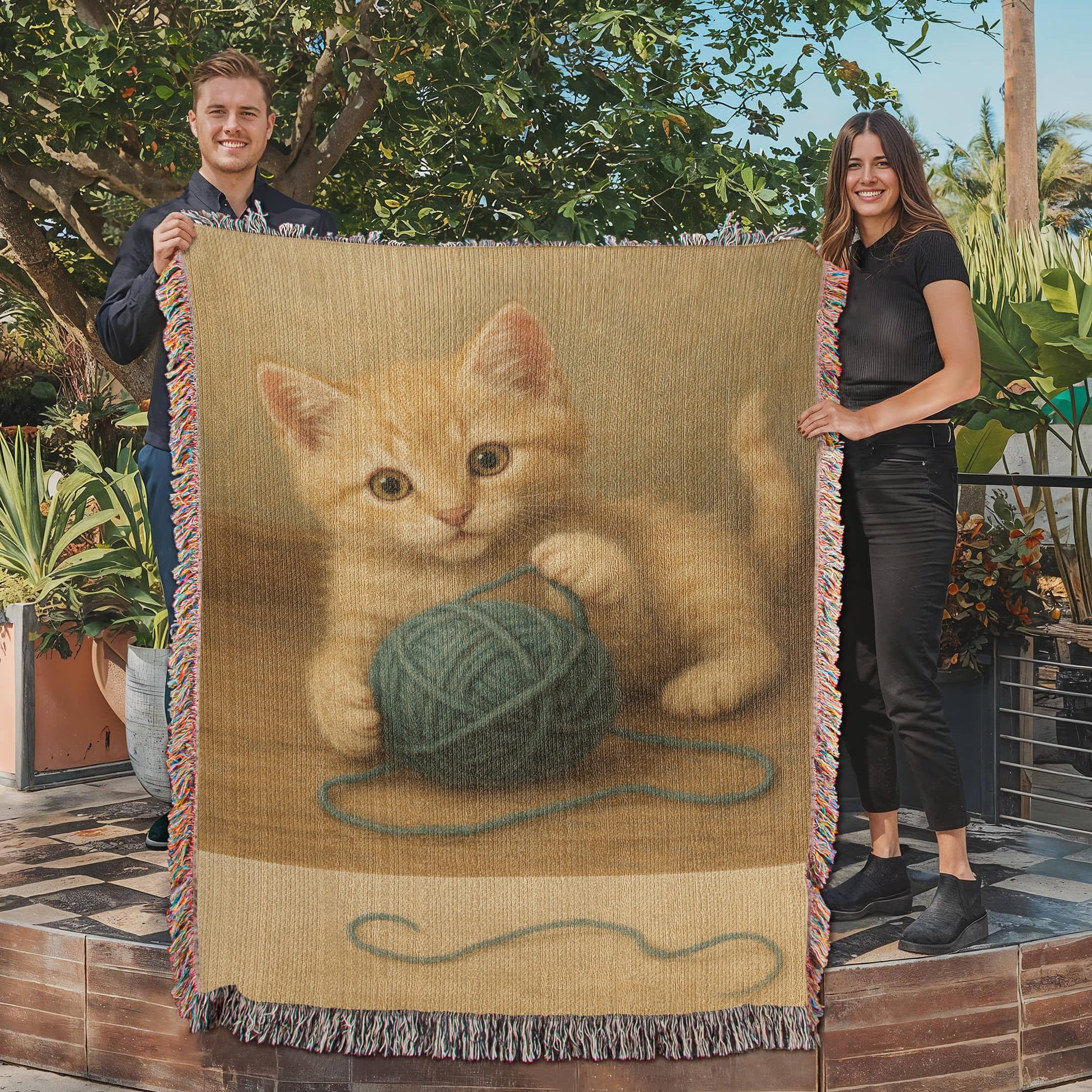 Whiskers & Twists: A Purrfect Playtime Moment-Heirloom Artwork Woven Blanket