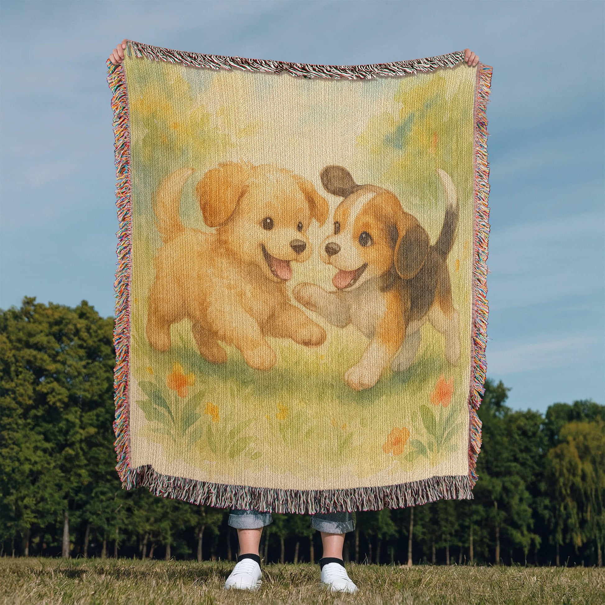 Blossom Meadow Romp: Puppy Pals at Play - Heirloom Artwork Woven Blanket