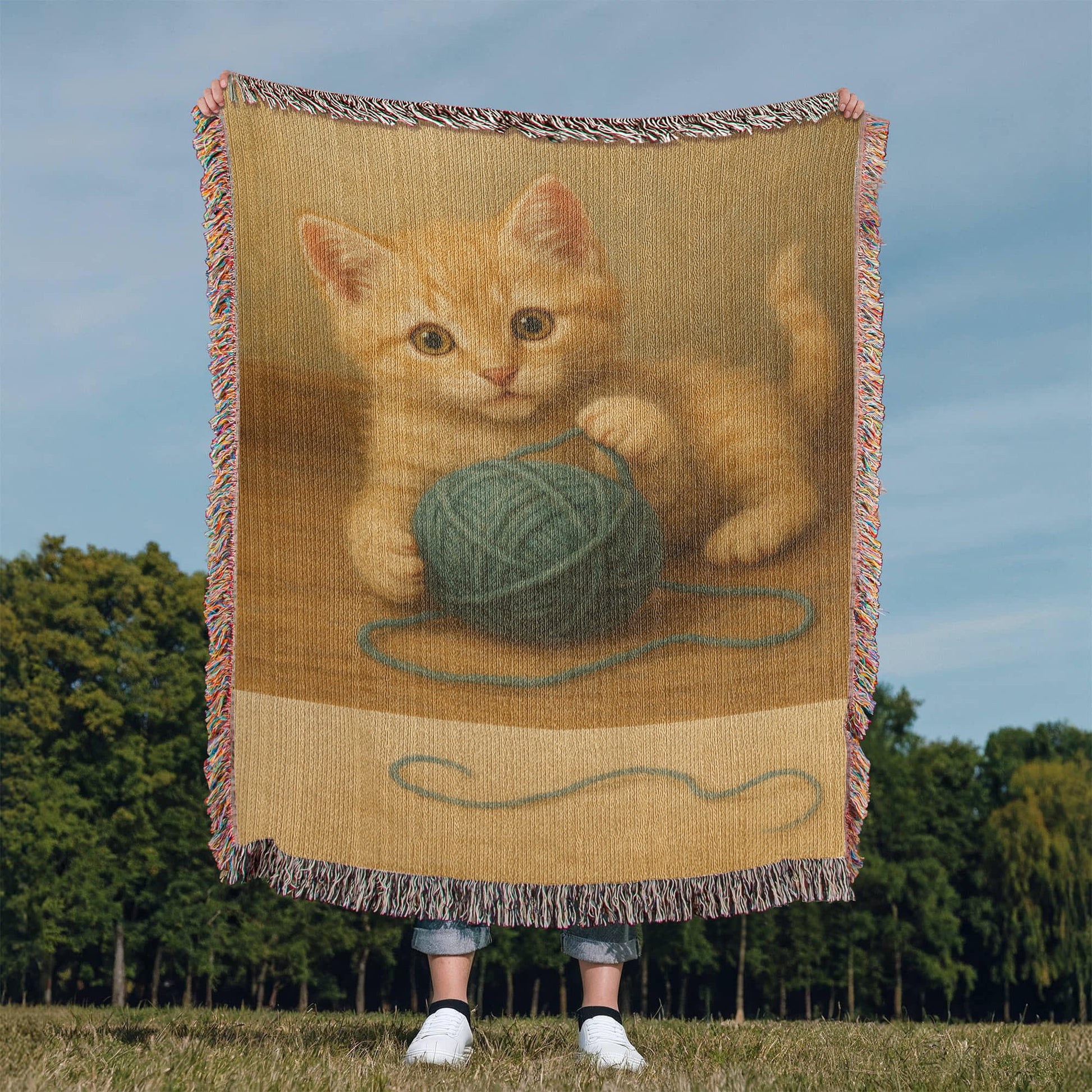 Whiskers & Twists: A Purrfect Playtime Moment-Heirloom Artwork Woven Blanket