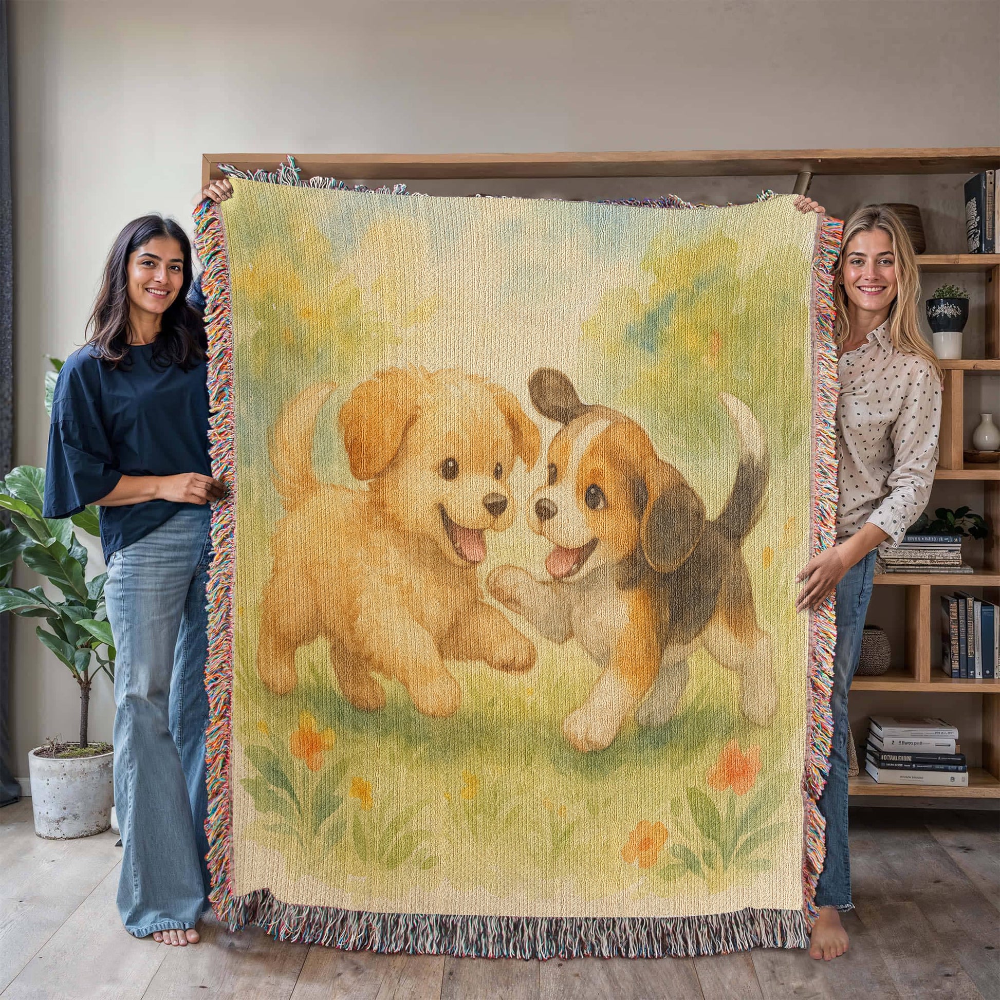 Blossom Meadow Romp: Puppy Pals at Play - Heirloom Artwork Woven Blanket