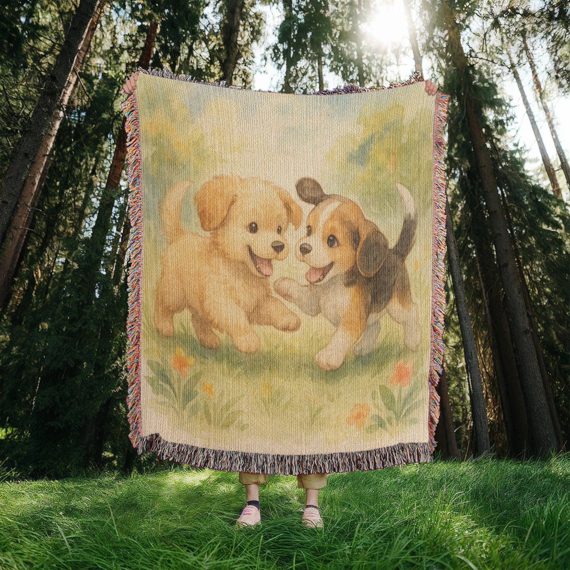 Blossom Meadow Romp: Puppy Pals at Play - Heirloom Artwork Woven Blanket