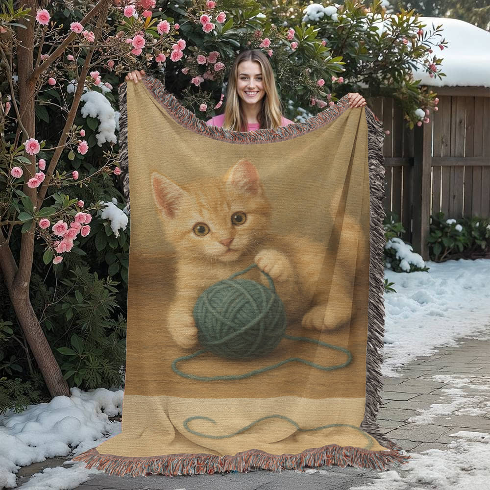 Whiskers & Twists: A Purrfect Playtime Moment-Heirloom Artwork Woven Blanket