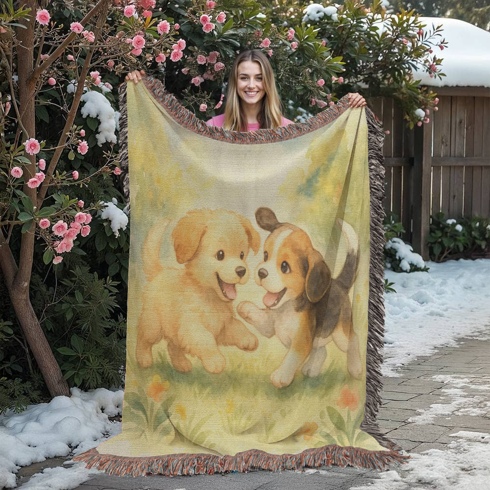 Blossom Meadow Romp: Puppy Pals at Play - Heirloom Artwork Woven Blanket