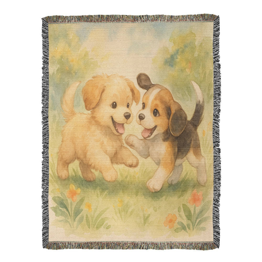 Blossom Meadow Romp: Puppy Pals at Play - Heirloom Artwork Woven Blanket