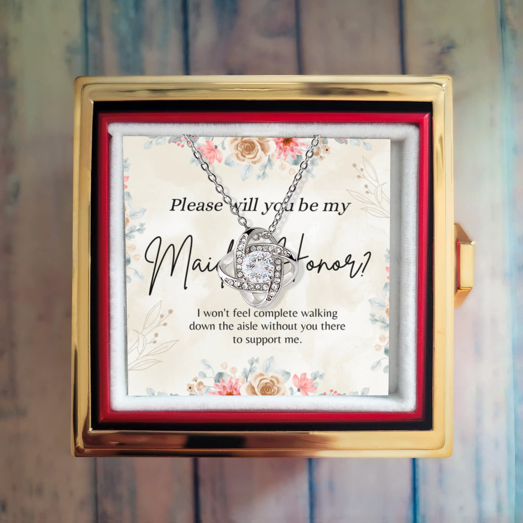 Blossoms & Bonds: Your Maid of Honor Proposal-Love Knot Necklace w/ Rotating Heart Giftbox