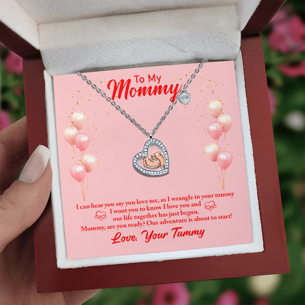 To My Mommy-I Can Hear You (Expectant Mommy) Baby Feet Heart Necklace